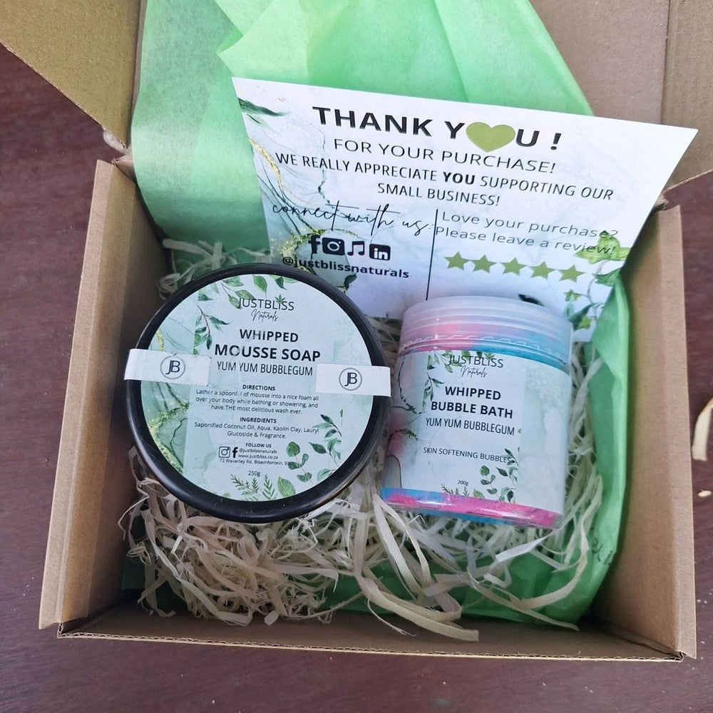 Bubblegum Bliss Gift Box with mousse soap and bubble bath for a luxurious bath experience.