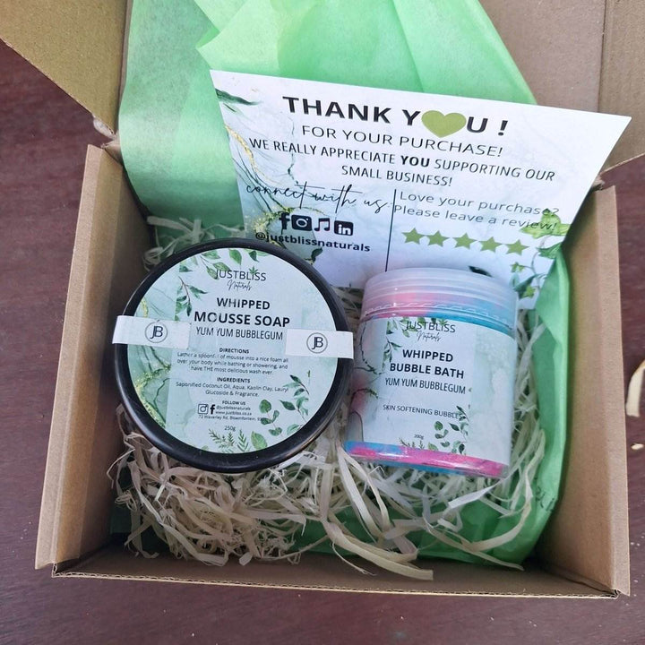 Bubblegum Bliss Gift Box with mousse soap and bubble bath for a luxurious bath experience.