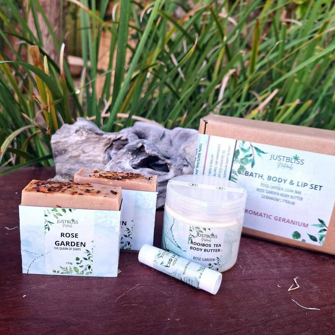 GIFT BOX: Geranium Essential Oil Bath, Body & Lip Gift Box - JUSTBLiSS Naturals