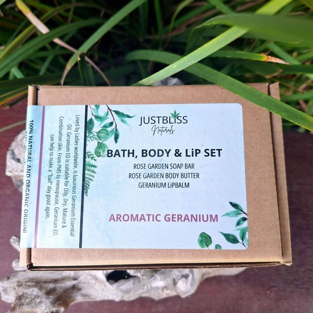 GIFT BOX: Geranium Essential Oil Bath, Body & Lip Gift Box - JUSTBLiSS Naturals