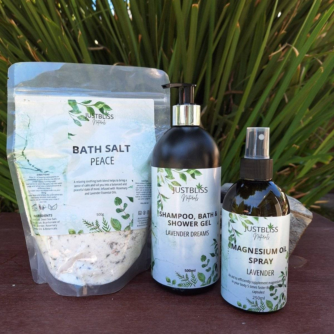 Lavender Gift Box 6 with Peace Bath Salt, Lavender Rooibos Tea Body Butter, and Lavender Shampoo.