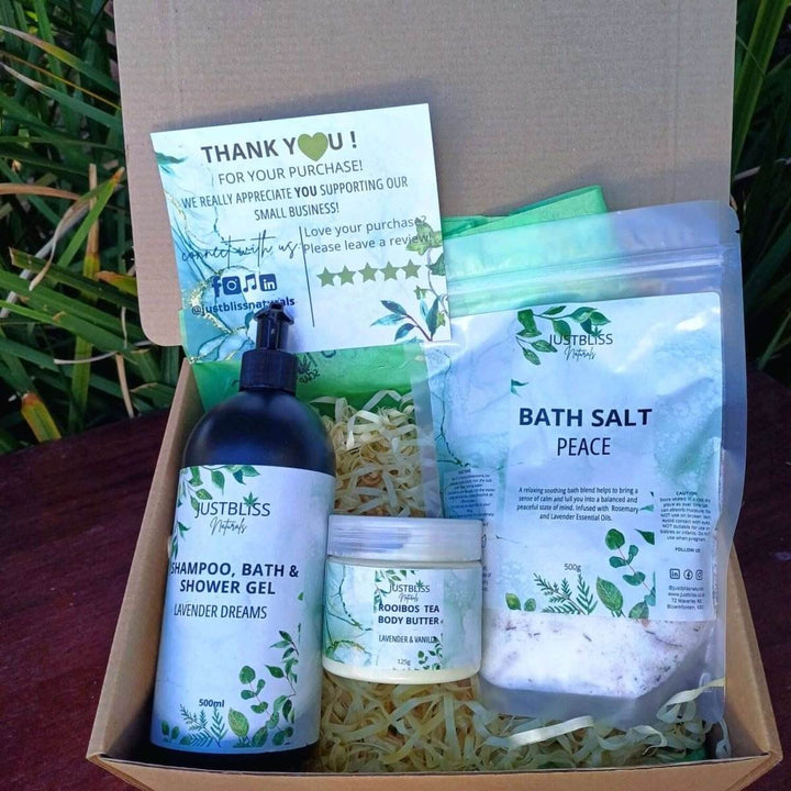 Lavender Gift Box 6 by JUSTBLISS featuring bath salt, body butter, and shampoo.