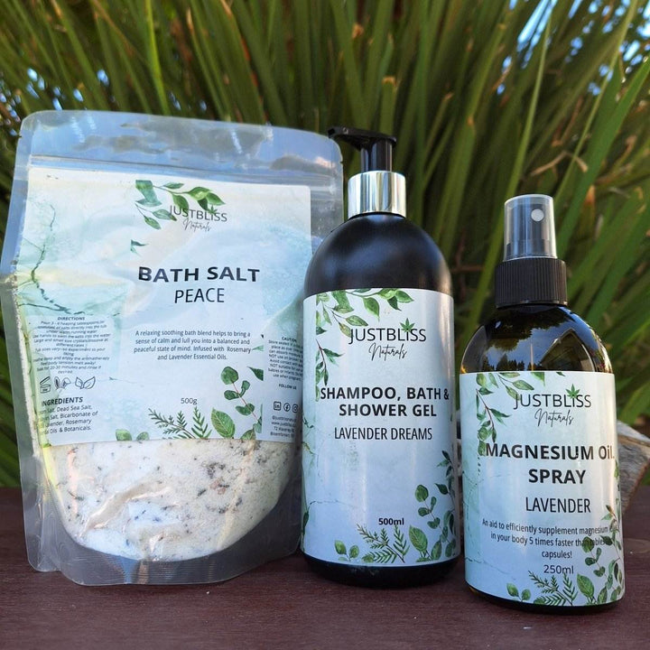 Lavender Gift Box 6 featuring bath salt, body butter, and shower gel by JUSTBLISS.