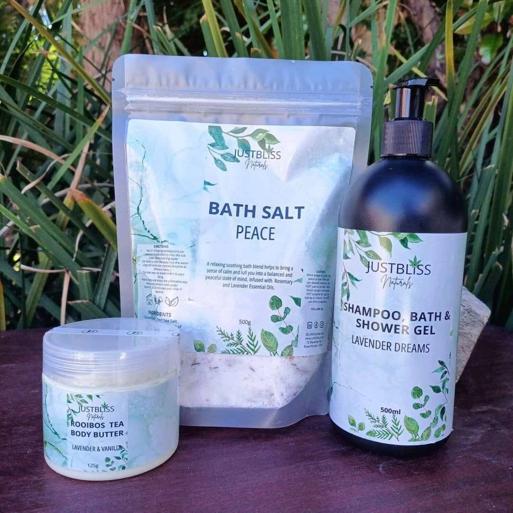 Lavender Gift Box 6 with bath salt, body butter, and shower gel, offering a serene and luxurious self-care experience.