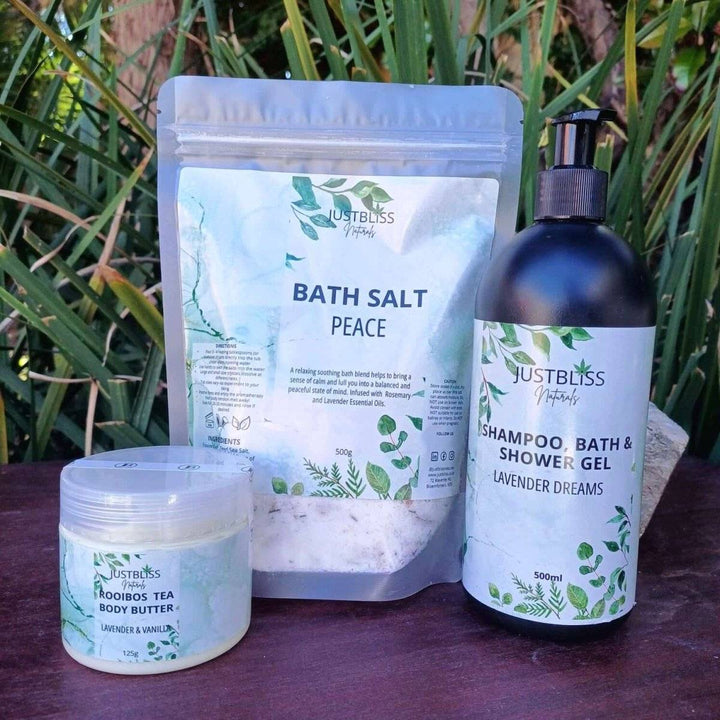 Lavender Gift Box 6 with bath salt, body butter, and shower gel, offering a serene and luxurious self-care experience.