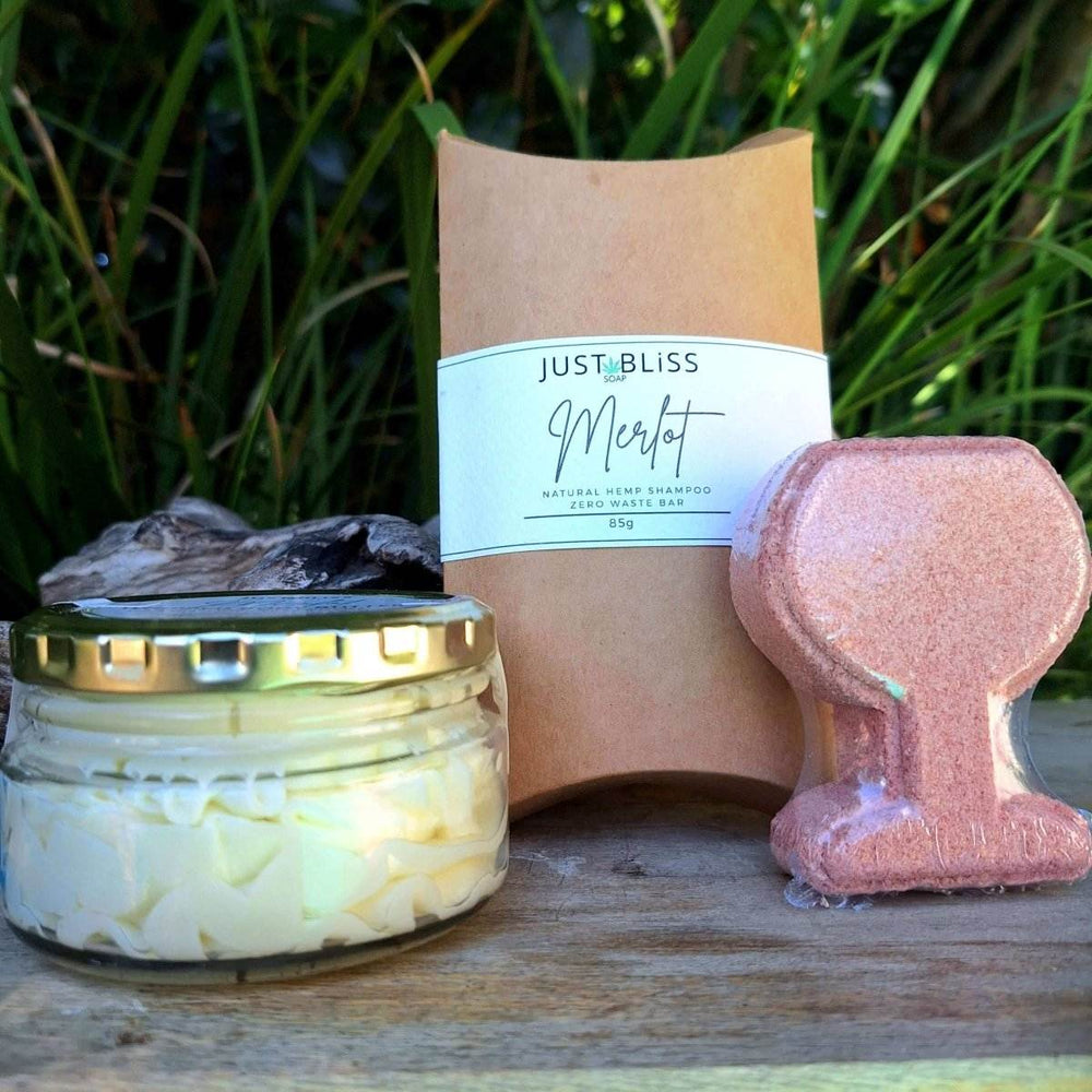 GIFT BOX: Merlot Scented Candle, Wine Glass Bath Bomb & Body Butter - JUSTBLiSS Naturals