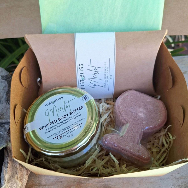 GIFT BOX: Merlot Scented Candle, Wine Glass Bath Bomb & Body Butter - JUSTBLiSS Naturals