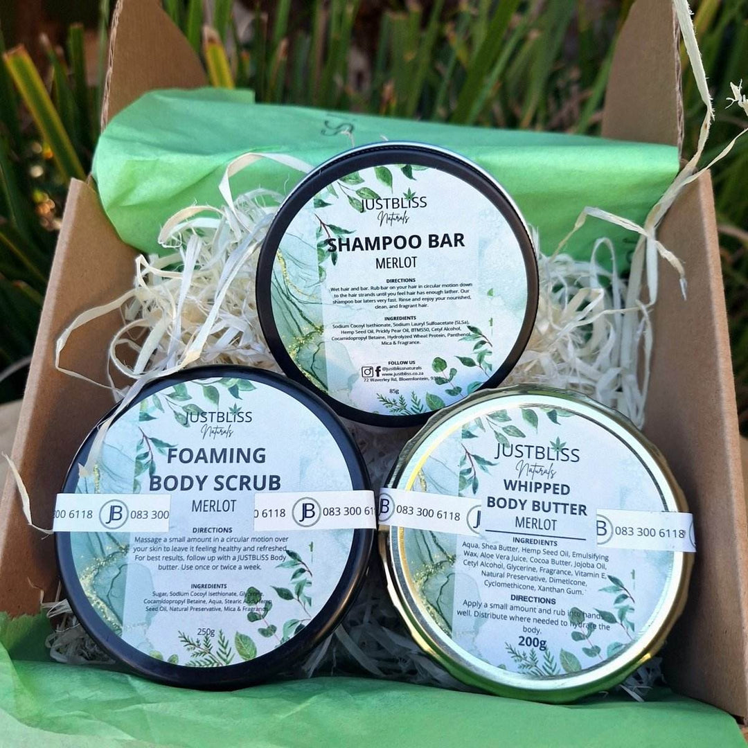 Merlot Scented Self-Care Bundle – Whipped Body Butter, Shampoo Bar & Scrub - JUSTBLiSS Naturals