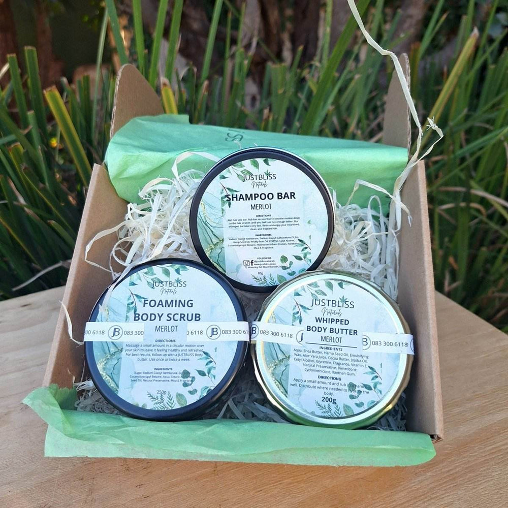 Merlot Scented Self-Care Bundle – Whipped Body Butter, Shampoo Bar & Scrub - JUSTBLiSS Naturals