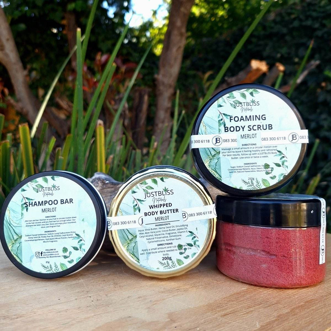 Merlot Scented Self-Care Bundle – Whipped Body Butter, Shampoo Bar & Scrub - JUSTBLiSS Naturals
