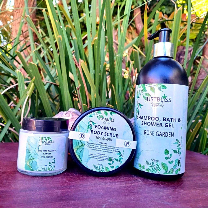 Rose Garden Gift Box 6 with shampoo, body scrub, and pamper candle.
