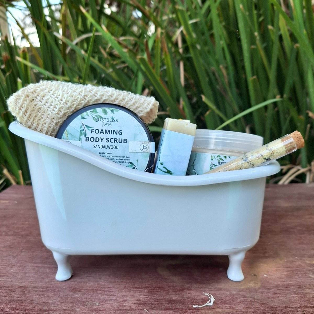GIFT BOX: Spa in a Bath set with body scrub, bath salt, artisan soap, sisal soap saver, body butter, presented in a mini bathtub.