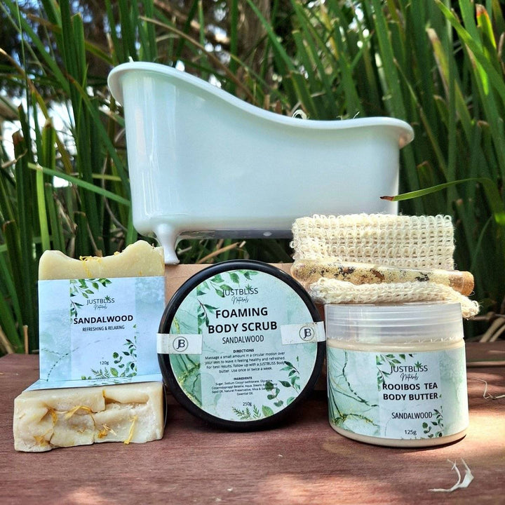 GIFT BOX: Spa in a Bath set with body scrub, bath salt tube, artisan soap bar, sisal soap saver, and rooibos tea body butter.