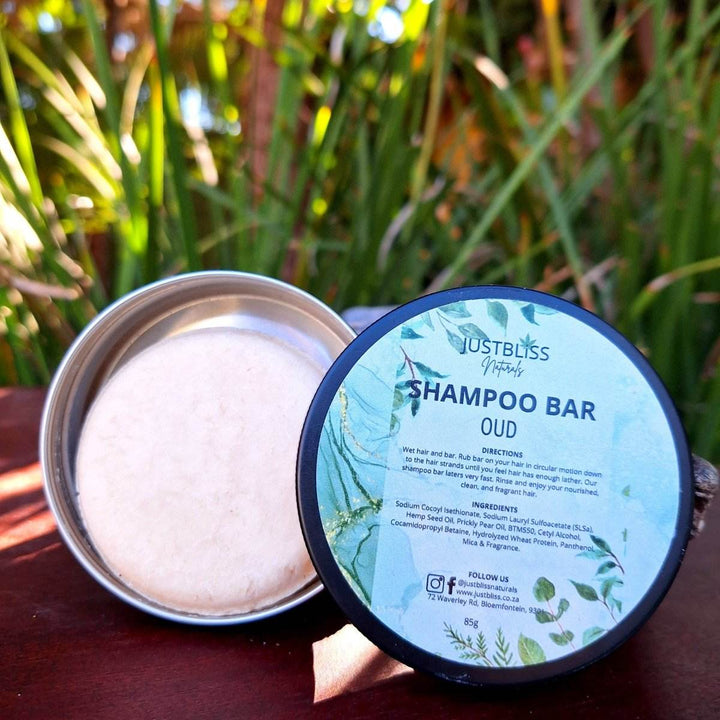 Eco-friendly Shampoo Bar in Tin - Oud fragrance, featuring plant-based ingredients for all hair types.