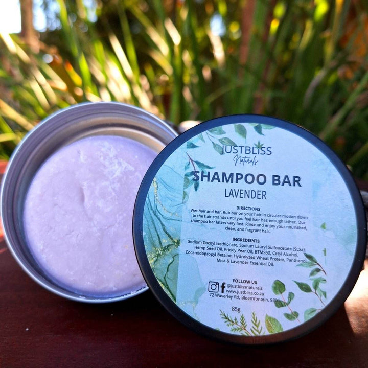 Eco-friendly lavender Shampoo Bar in reusable tin for all hair types.