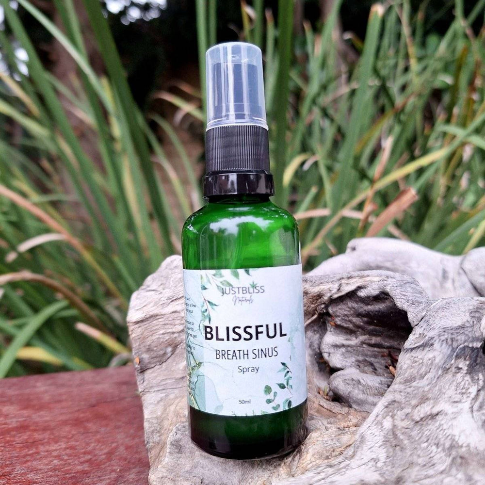 Sinus Relief spray bottle with natural ingredients for congestion relief, outdoor background.