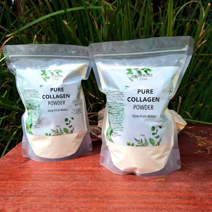 Pure collagen powder packaging on a wooden surface, promoting skin, hair, and joint health benefits.