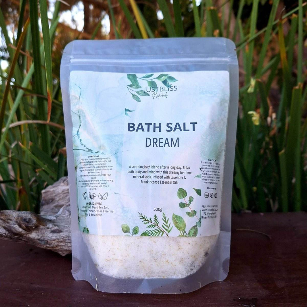 HEALTH: Dream Bath Salts package with calming lavender and frankincense, ideal for better sleep.