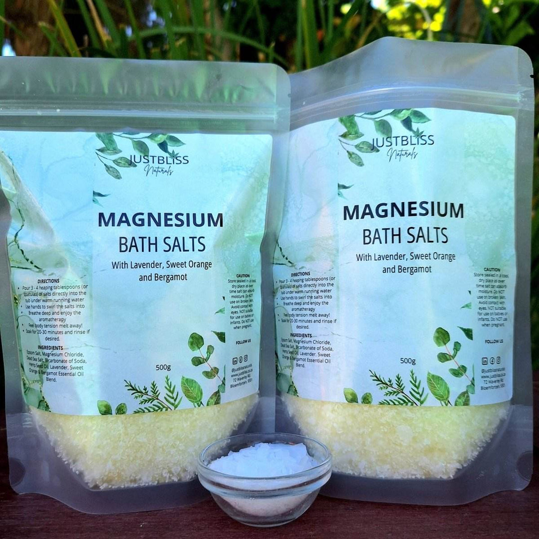 Magnesium Bath Salt with Lavender, Sweet Orange, Bergamot in resealable pouches, offering relaxation and skin rejuvenation.