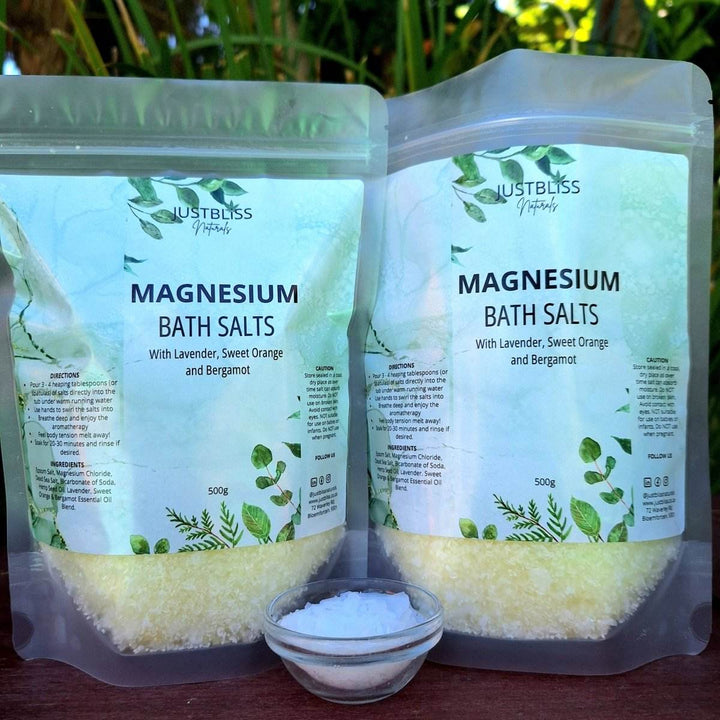 Magnesium Bath Salt with Lavender, Sweet Orange, Bergamot in resealable pouches, offering relaxation and skin rejuvenation.