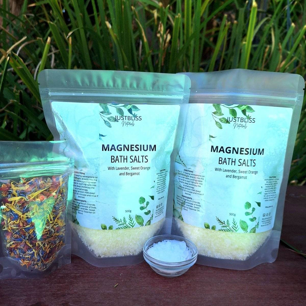 Magnesium Bath Salt with Lavender and Rosemary packaging on display outdoors.