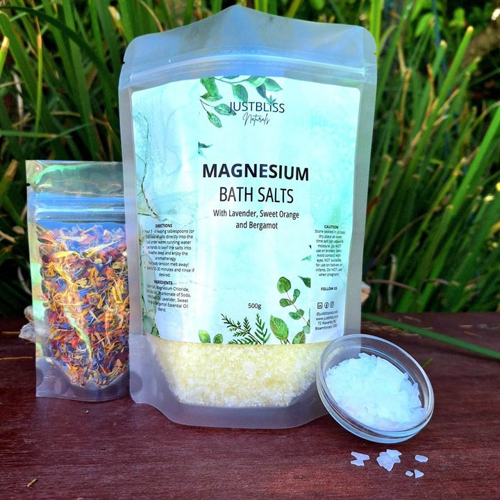 Magnesium Bath Salt package with lavender and rosemary for relaxation.