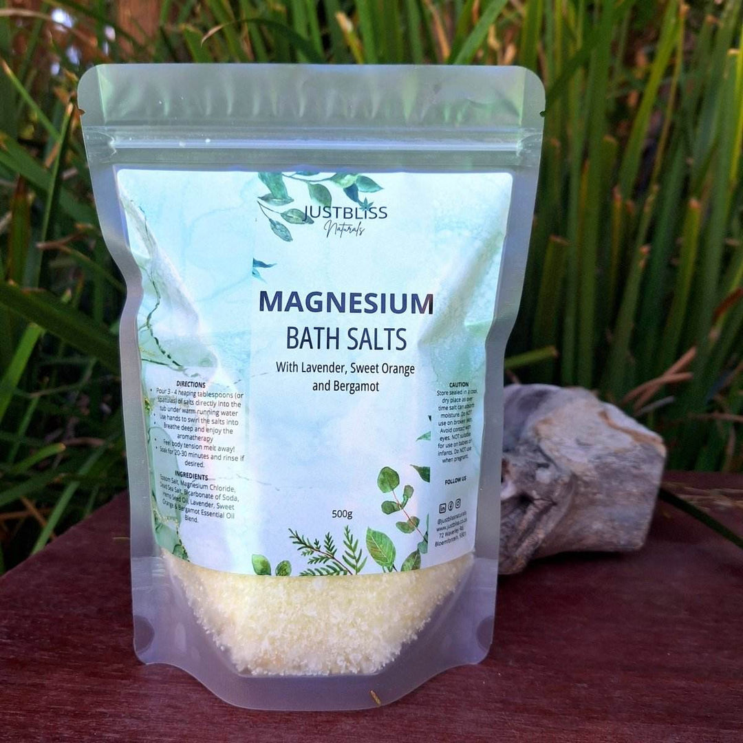 Magnesium Bath Salt with Lavender, Sweet Orange, and Bergamot in a resealable bag, 500g.