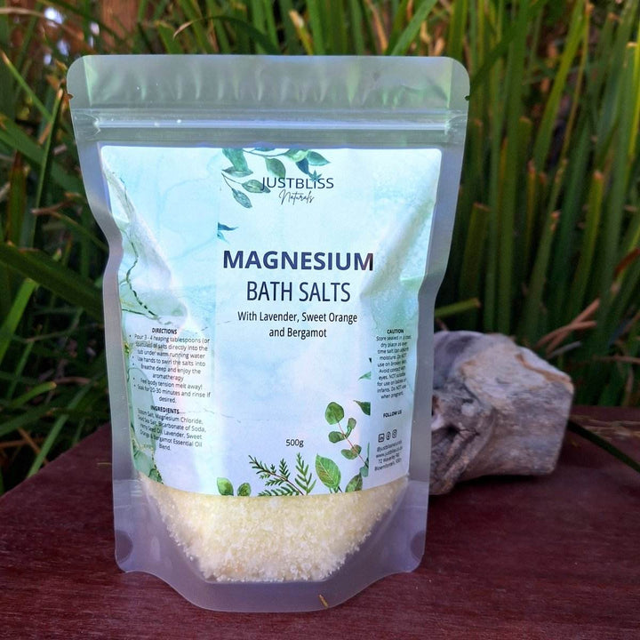 Magnesium Bath Salt with Lavender, Sweet Orange, and Bergamot in a resealable bag, 500g.