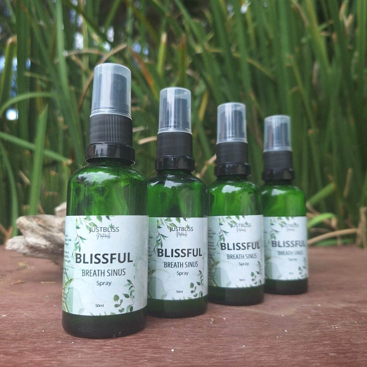 Blissful Breathe Sinus Relief bottles for sinus relief, featuring natural ingredients.