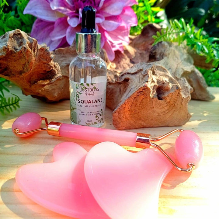 Jade Facial Roller & Squalane Oil Set – Plant - Based Glow & Self - Care JUSTBLiSS Naturals
