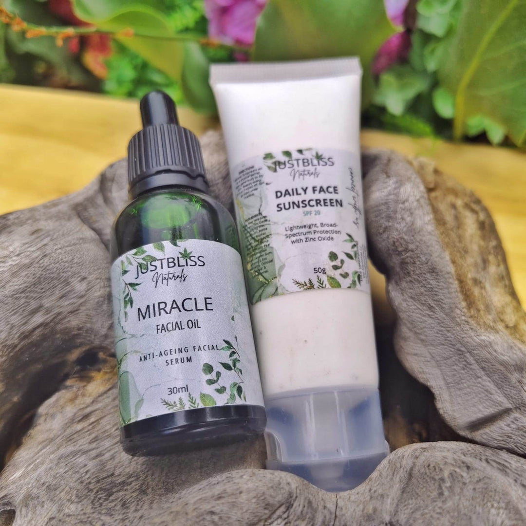 SPF Facial Care Bundle – Miracle Facial Oil & SPF 20 Sunscreen Duo - JUSTBLiSS Naturals