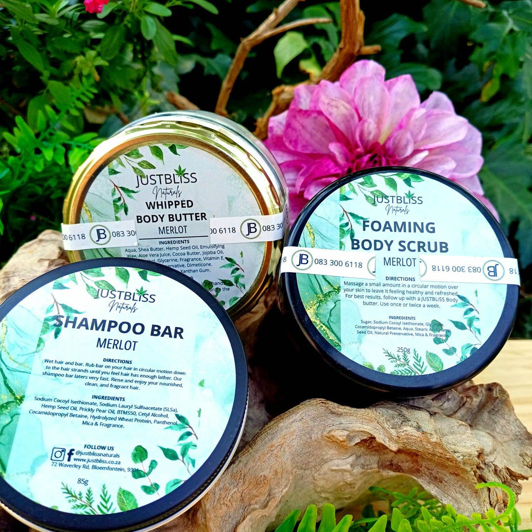 Merlot Scented Self-Care Bundle – Whipped Body Butter, Shampoo Bar & Scrub - JUSTBLiSS Naturals