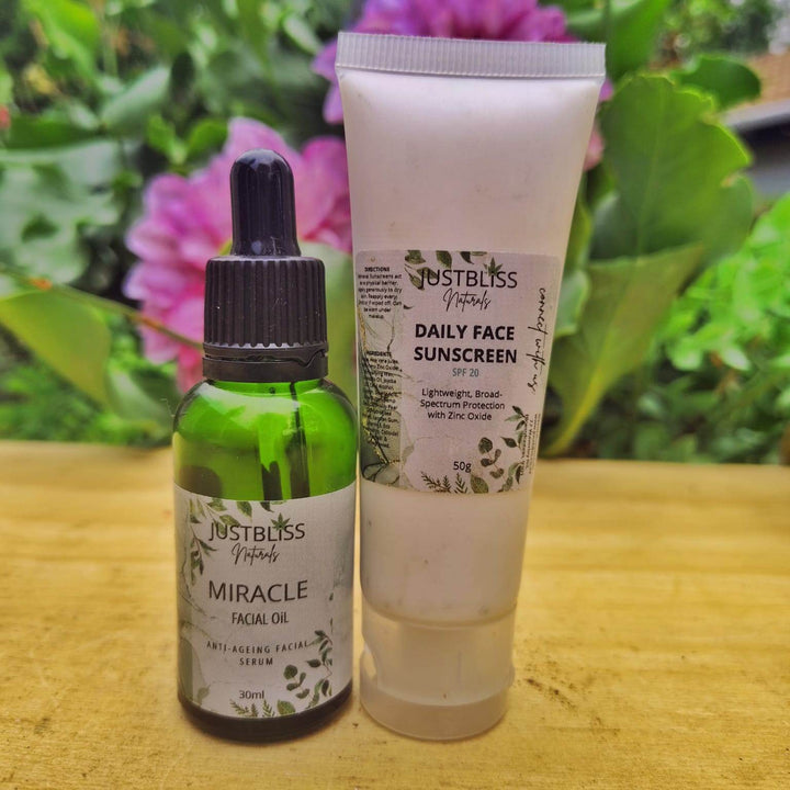 SPF Facial Care Bundle – Miracle Facial Oil & SPF 20 Sunscreen Duo - JUSTBLiSS Naturals