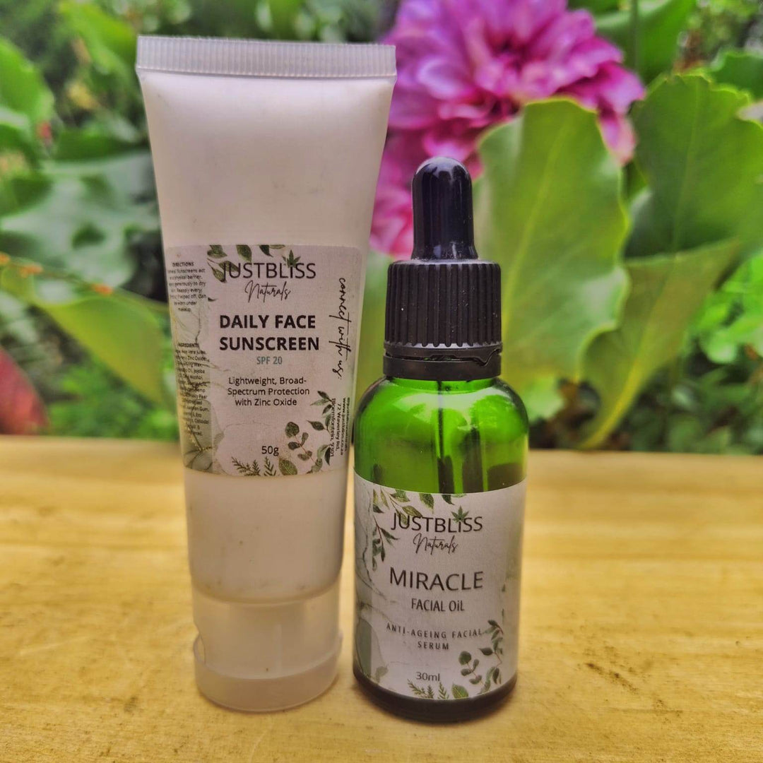SPF Facial Care Bundle – Miracle Facial Oil & SPF 20 Sunscreen Duo - JUSTBLiSS Naturals