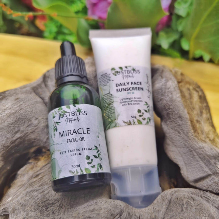 SPF Facial Care Bundle – Miracle Facial Oil & SPF 20 Sunscreen Duo - JUSTBLiSS Naturals