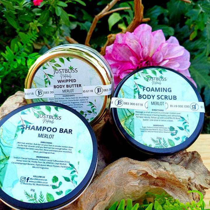 Merlot Scented Self-Care Bundle – Whipped Body Butter, Shampoo Bar & Scrub - JUSTBLiSS Naturals
