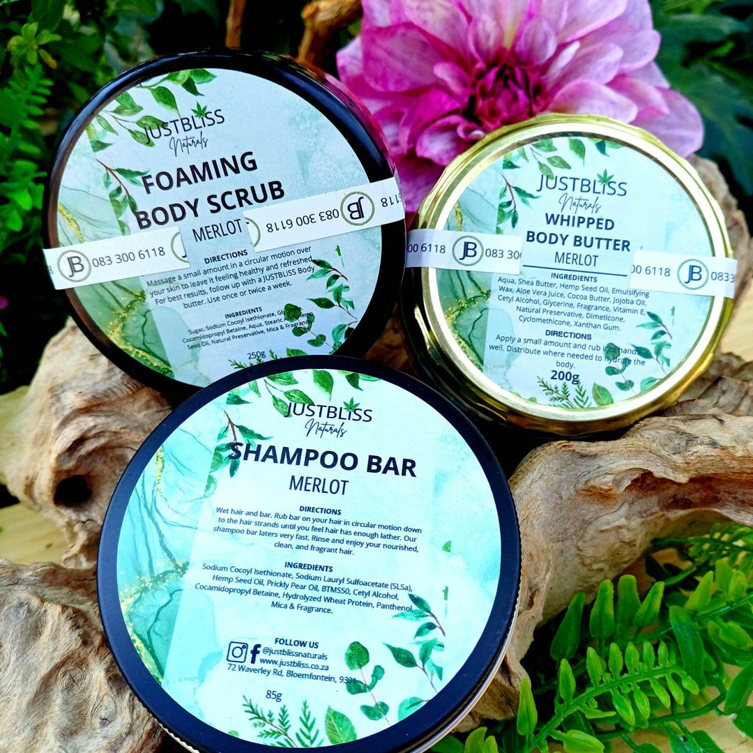 Merlot Scented Self-Care Bundle – Whipped Body Butter, Shampoo Bar & Scrub - JUSTBLiSS Naturals