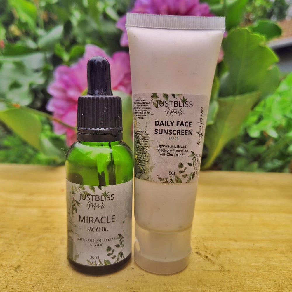 SPF Facial Care Bundle – Miracle Facial Oil & SPF 20 Sunscreen Duo - JUSTBLiSS Naturals