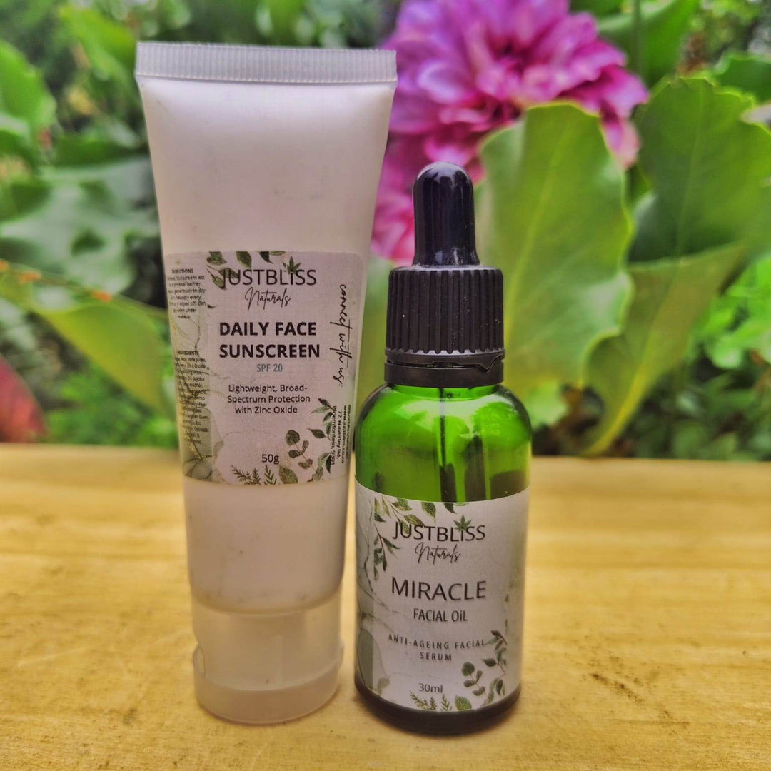 SPF Facial Care Bundle – Miracle Facial Oil & SPF 20 Sunscreen Duo - JUSTBLiSS Naturals