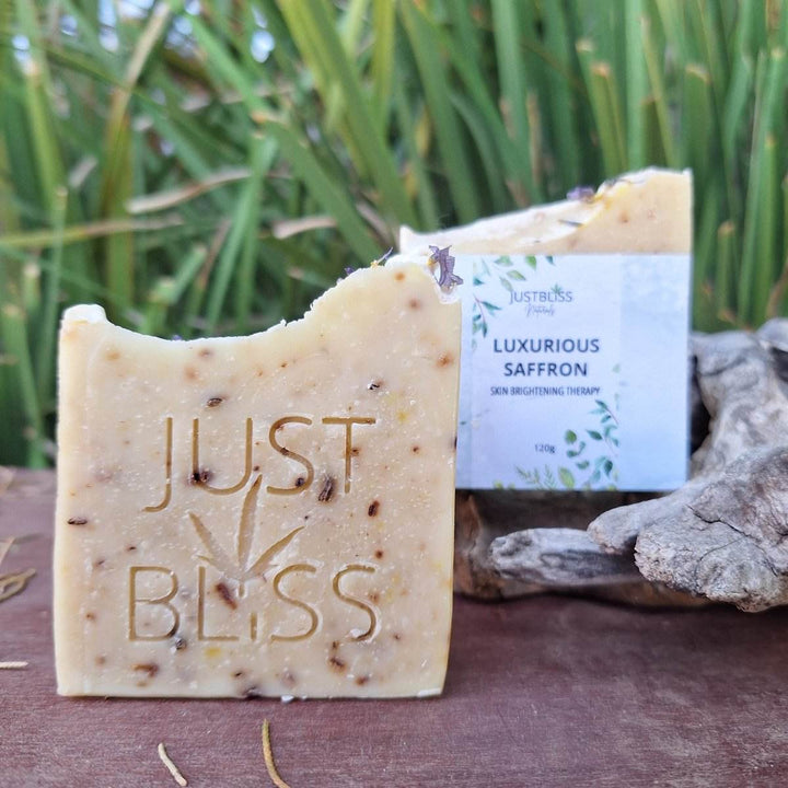 Luxurious saffron soap bar for skin brightening therapy with natural ingredients.