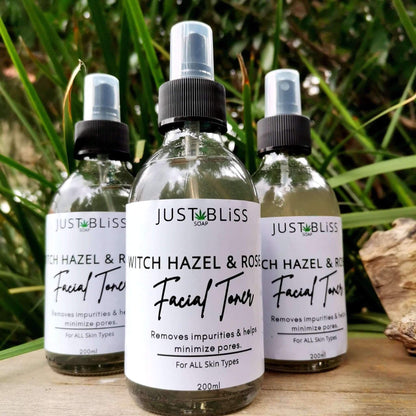 JUSTBLISS: FACIAL TONER: witch hazel and rose water (with aleo vera)