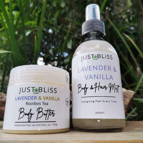 JUSTBLISS: COMBO BODY BUTTER AND MIST: lavender and vanilla