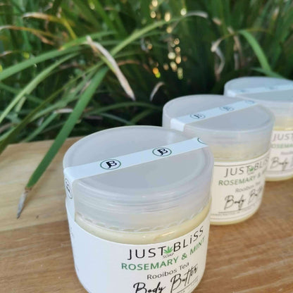 JUSTBLISS: Rooibos Tea BODY BUTTER: rosemary and mint