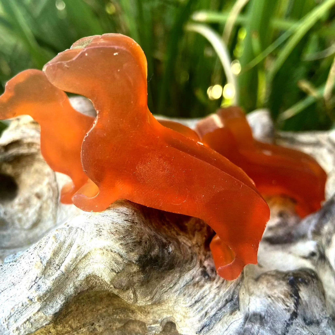 Sausage dog-shaped glycerine soap bars on a natural stone background, perfect gift for dachshund lovers.