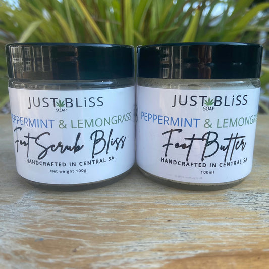 JUSTBLISS: COMBO FOOT CARE: peppermint and lemongrass (scrub and butter)