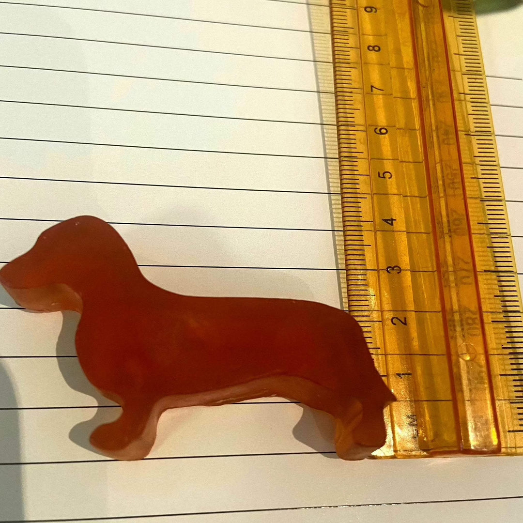 Dachshund-shaped glycerine soap bar next to a ruler, highlighting its size.