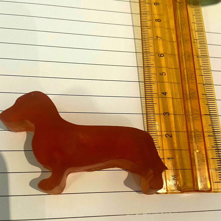 Dachshund-shaped glycerine soap bar next to a ruler, highlighting its size.